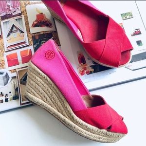 Tory Burch Pink & Red Filipa Espadrille Wedges